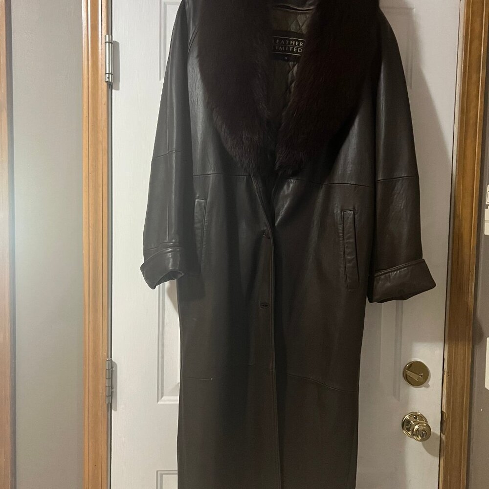 Dark Brown full length leather coat with fur collar